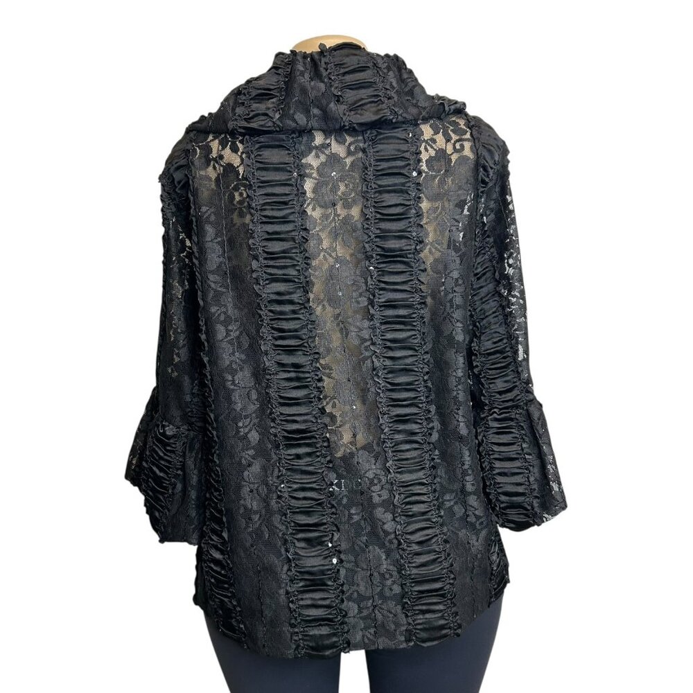 DG-87 Emerald Women's 2X Black Lace Ruffle Jacket With Floral Pattern & Button - Picture 3 of 4